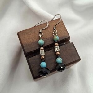 Elegant Turquoise and Black Beaded Earrings